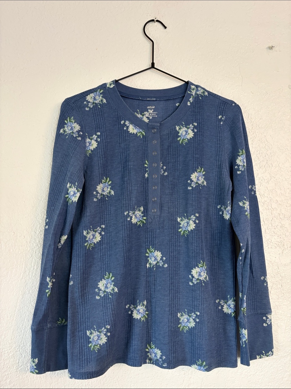 aerie Blue Floral Waffle Henley Top
